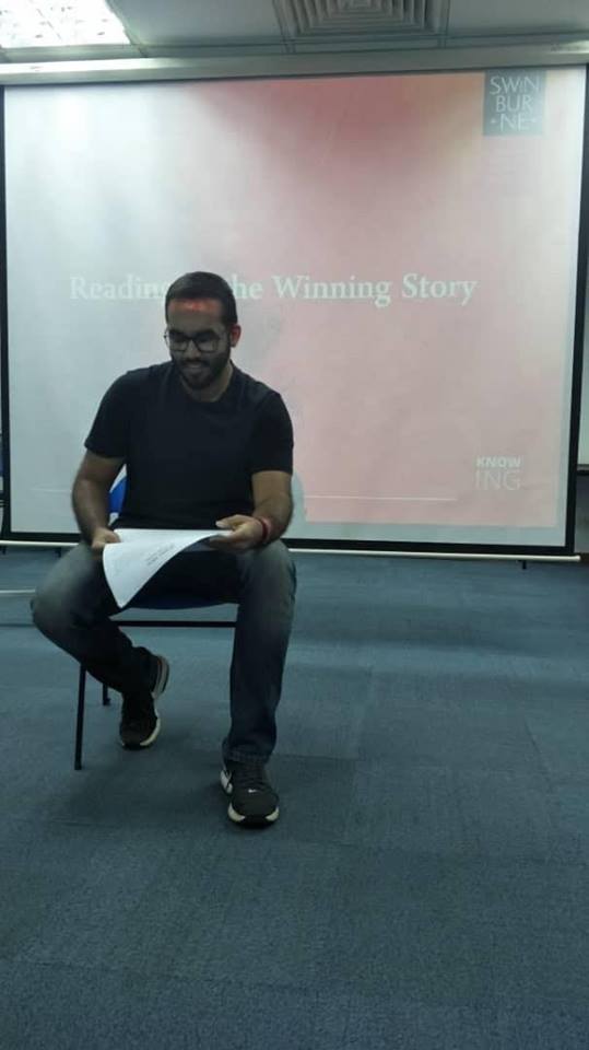 Govind, reading his winning story “Semina Vitae” at the Prize-Giving Ceremony.