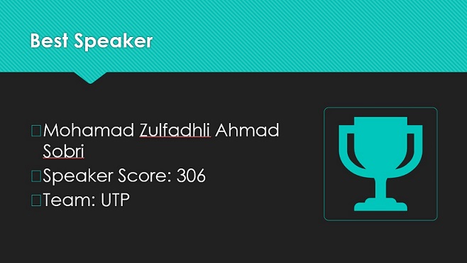 Best Speaker Mohamad Zulfadhli Ahmad Sobri from Universiti Teknologi Petronas.
