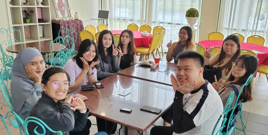 The DECE students who facilitated Tiny Tot Playtime, namely (clockwise from left) Gracia Chang, Nur Hijrah Shaniza binti Mohamad Zamri, Lourdes Lim, Racqle Liew, Airis Ixora binti Izhar, Marie Steffy anak Atta, Esther Jee, Thien Sin Jun and Lee Zin Hui. Not pictured is Chew Yee Joo.