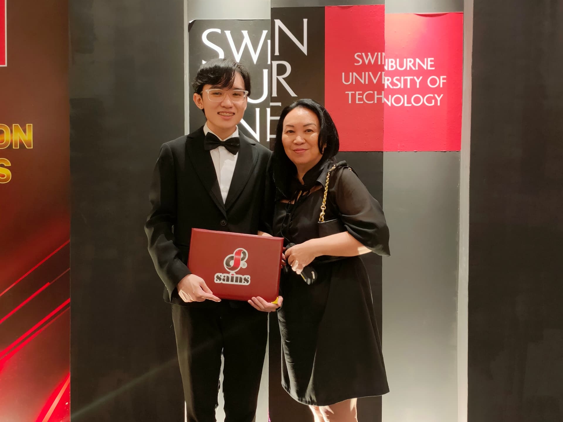 “I didn’t even know something like ‘Best Graduate’ existed. I wasn’t chasing titles – I just kept aiming to do better than before.” – Jaden Choo (left), who was awarded “Best Graduate in Bachelor of Computer Science” at the 2024 Appreciation and Awards Dinner. Pictured with his mother.