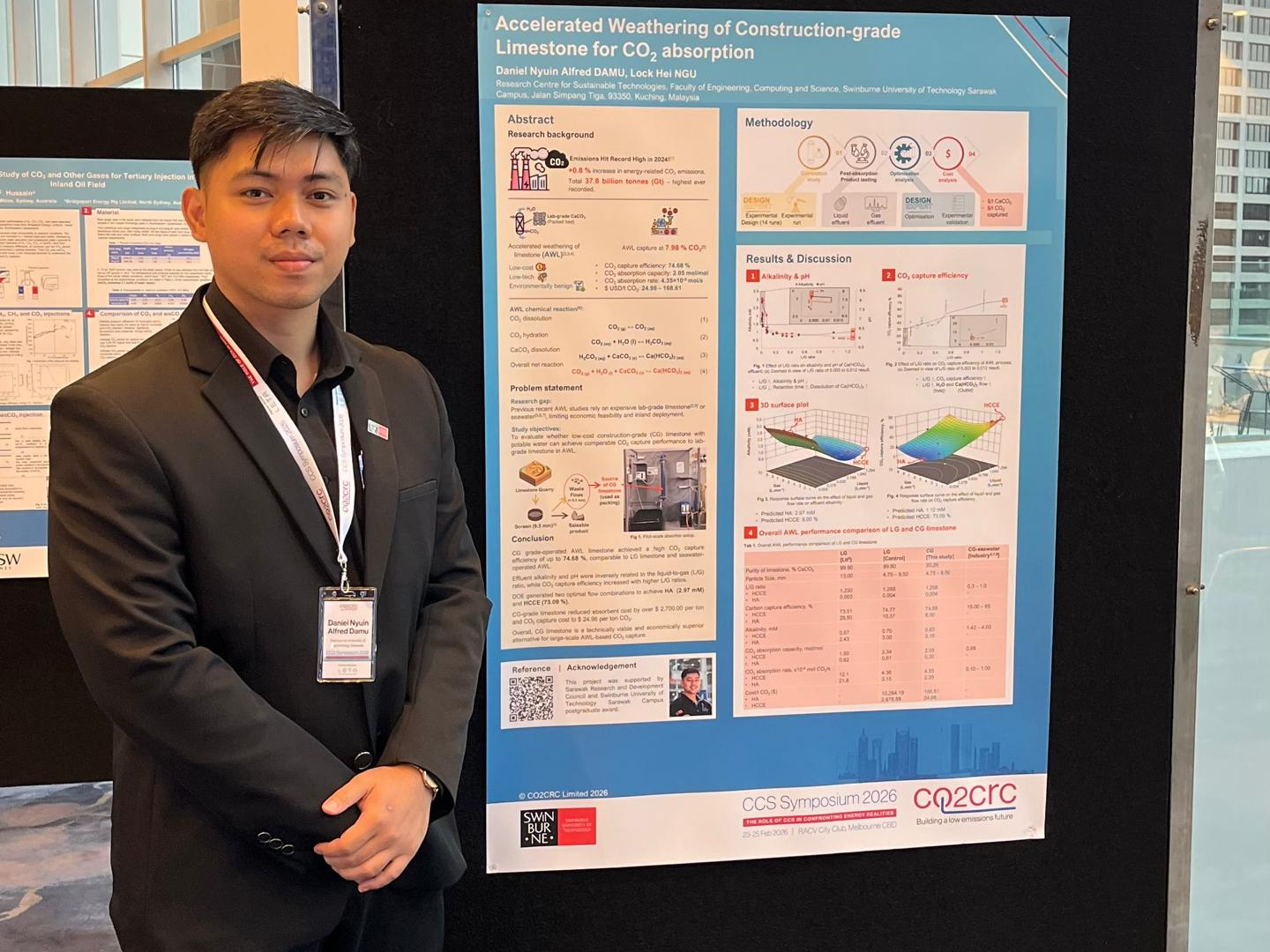 PhD researcher Daniel presents his findings on carbon capture and utilisation at the CO2CRC CCS Symposium 2026 in Melbourne, Australia — bringing Swinburne Sarawak's sustainable materials research to an international stage.