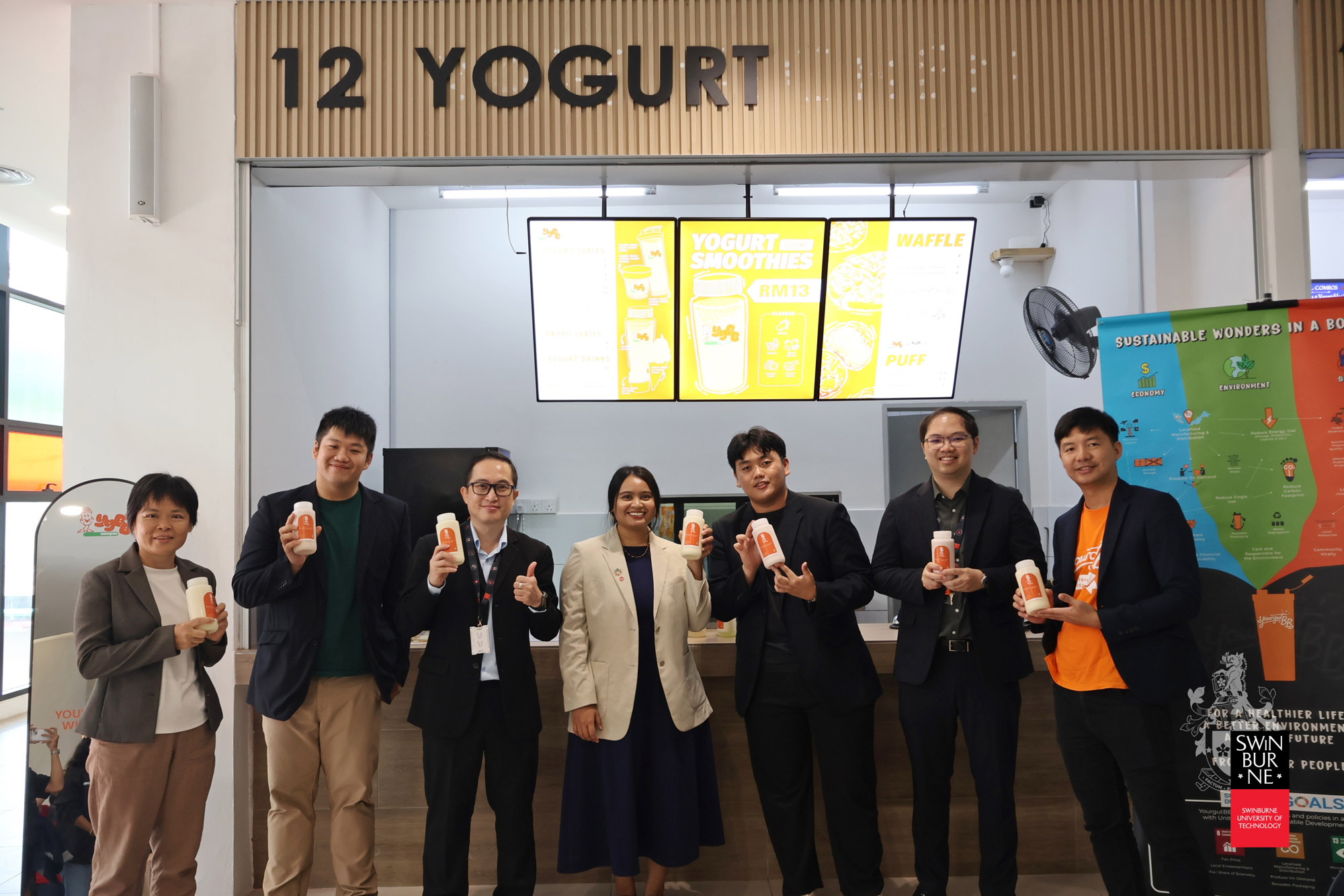 The official launch of YGBB Campus Swinburne Outlet, with (from left) Sandra Wong Ling Hie; Mark Liao Jun; Professor Dr Brian Wong Kee Mun, Dean of the Faculty of Business, Design, and Arts at Swinburne Sarawak; Nur Atiqah Binti Abdul Taib; Mohamad Haziq Hafiz; Dr Gabriel Wee; and Ang Tse Chwan.