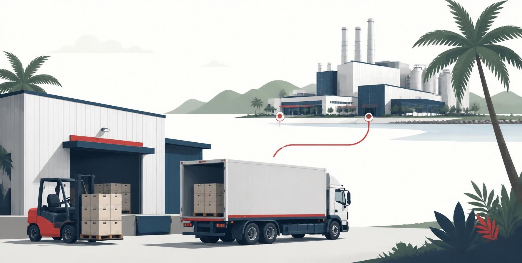 Illustration of a delivery truck loading at a dock linked to a factory, showing how local SMEs can join foreign investment in Sarawak supply chains